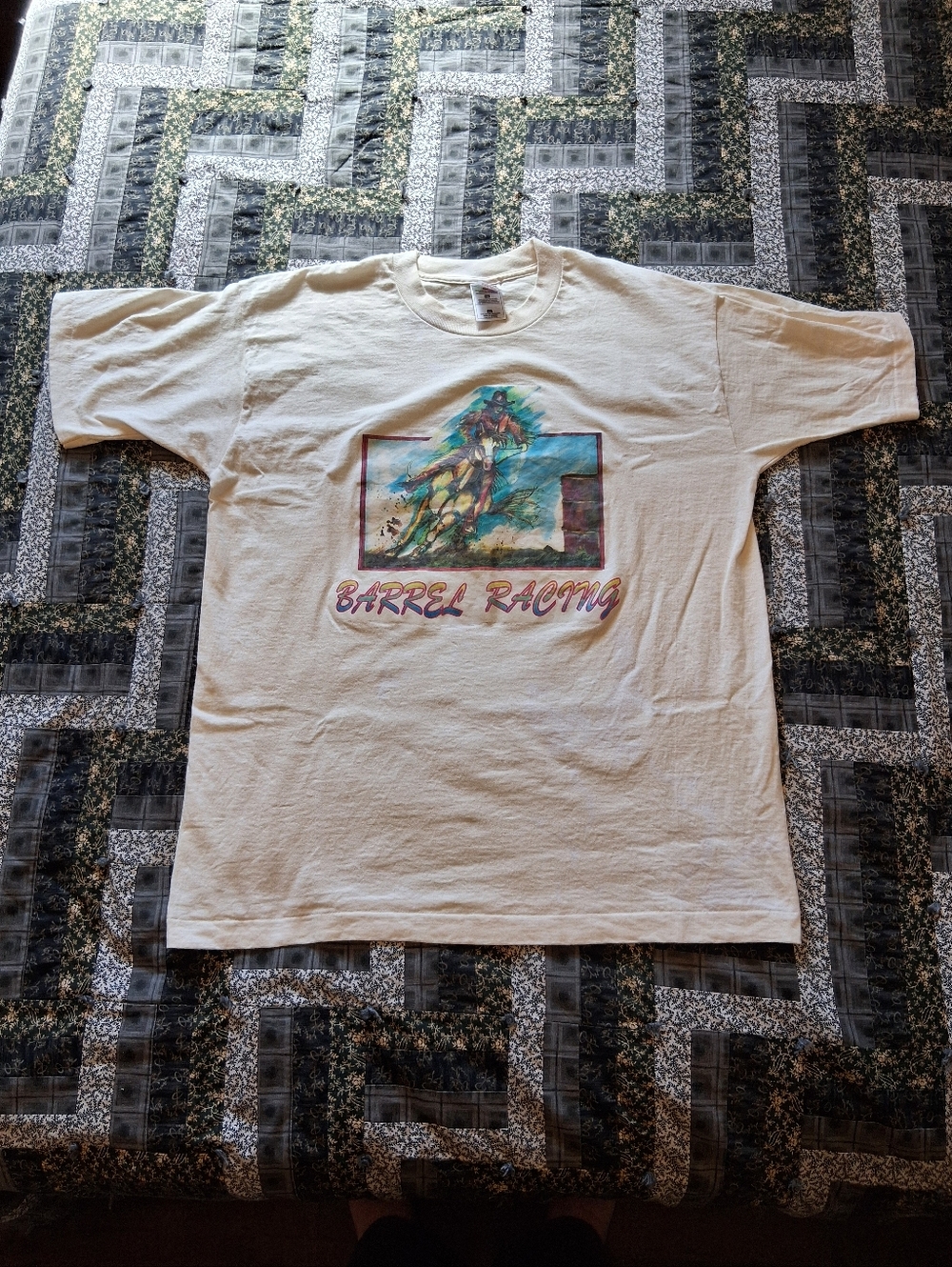 VTG 1990s "Barrel Racing" Horse Single Stitch White T-Shirt Adult XL Rodeo